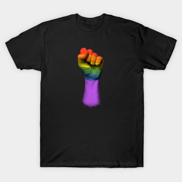 Gay Pride Rainbow Flag on a Raised Clenched Fist T-Shirt by jeffbartels